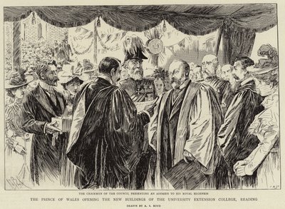 El Príncipe de Gales inaugurando los nuevos edificios del University Extension College, leyendo de Alexander Stuart Boyd